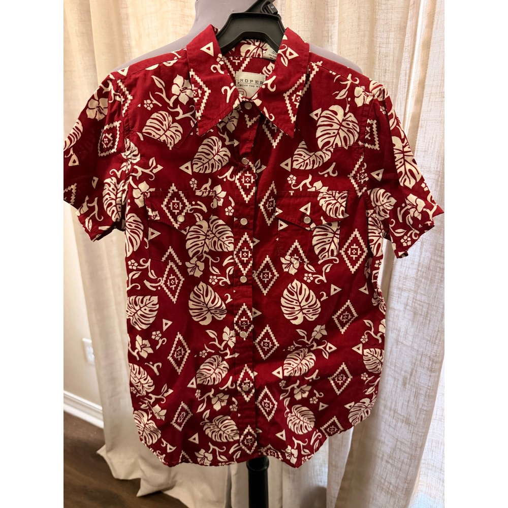 NWT Roper Girls Red Tropical Western Button Down Shirt 0 Size L 10-12